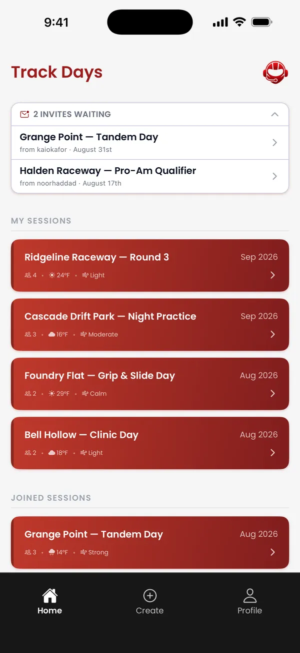 Spotter app — track day sessions list
